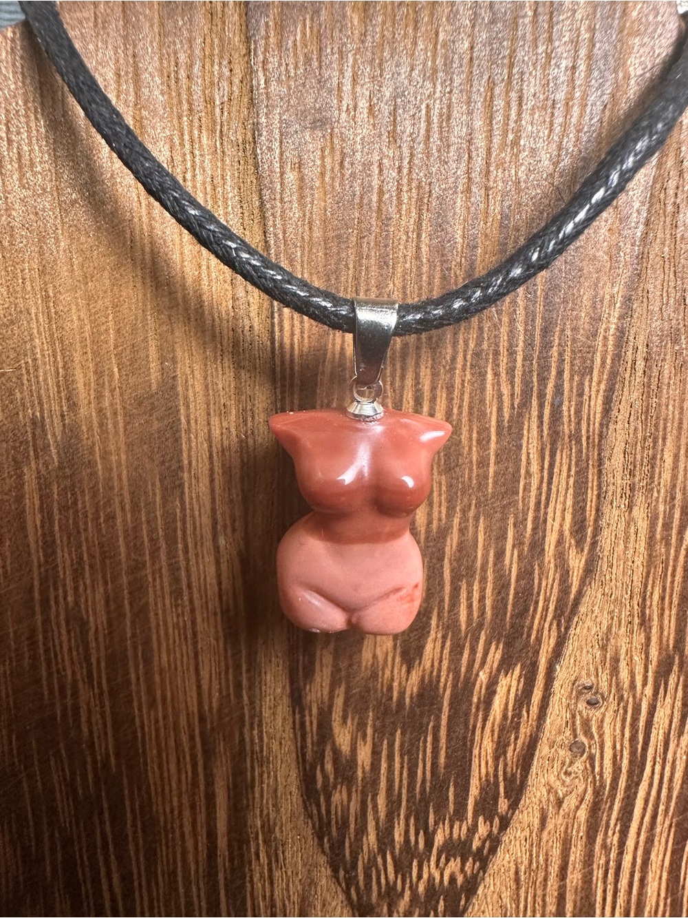 Handmade Mini Pink Alashan Agate Lady Body Carving Pendant Necklace on Rope - Picture 8 of 12